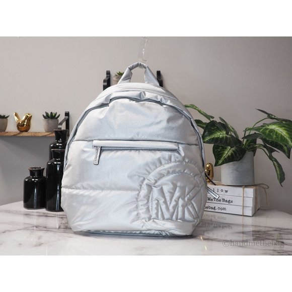 Michael Kors Handbags - NWT Michael Kors Rae Medium Backpack Silver Quilted Nylon Fabric Shoulder Bag